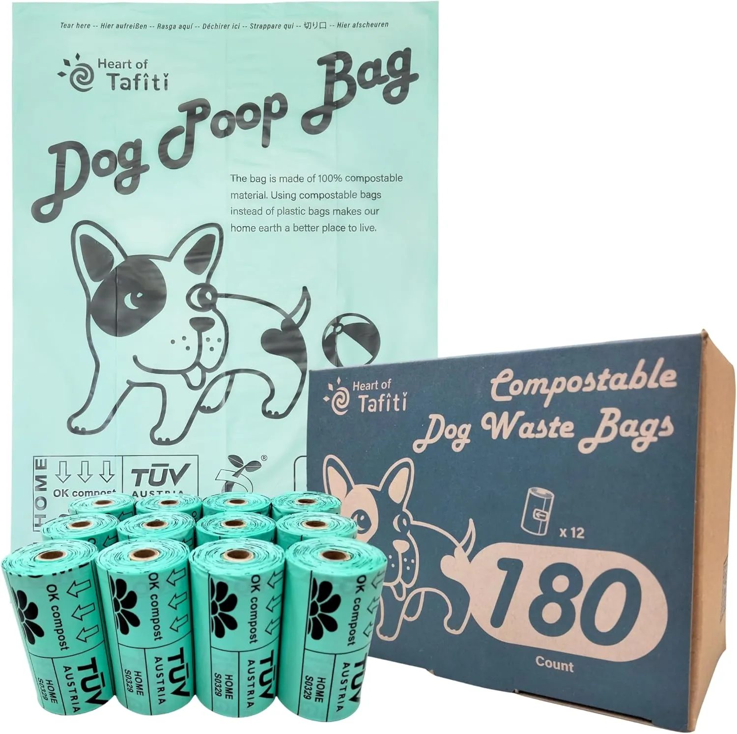Dog Poop Bags, Poop Bags for dogs-180 Count, Doggie Poop Bags, Dog Waste Bags, Certified Compostable, Extra Thick & Leak Proof, Unscented, Eco-Friendly, 9 x 13 Inches