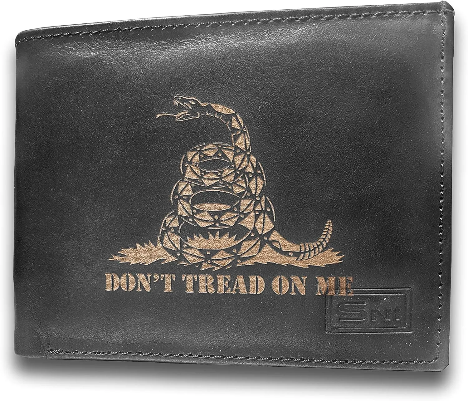 Don't Tread On Me Rattlesnake Genuine Cowhide Leather Laser Engraved Engraving Slimfold Mens Large Capacity Luxury Wallet Purse Minimalist Sleek and Slim Black Credit Card Holder Organizer 14 Pockets