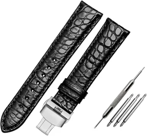 Double Sided Crocodile Skin Leather Band for Any Brand Wrist Watch Straps 18mm 19mm 20mm 21mm 22mm for Men Bracelet (Color : Preto, Size : 20mm-Rose Gold Clasp)