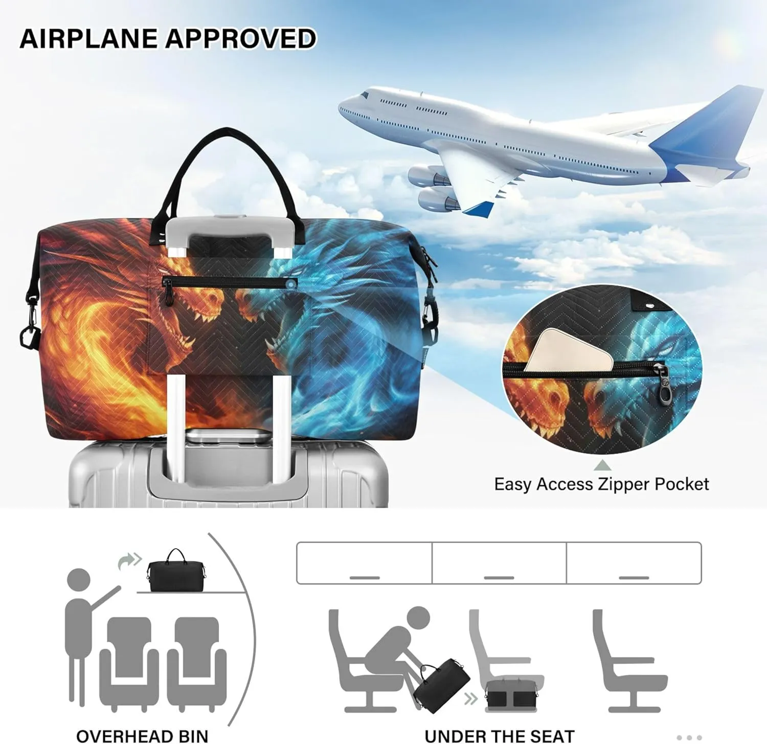Dragons Fighting Fire Flames Duffle Bag Women Travel Toiletry Bag Set of 2, Design Women Small Gym Bag Weekender Bags