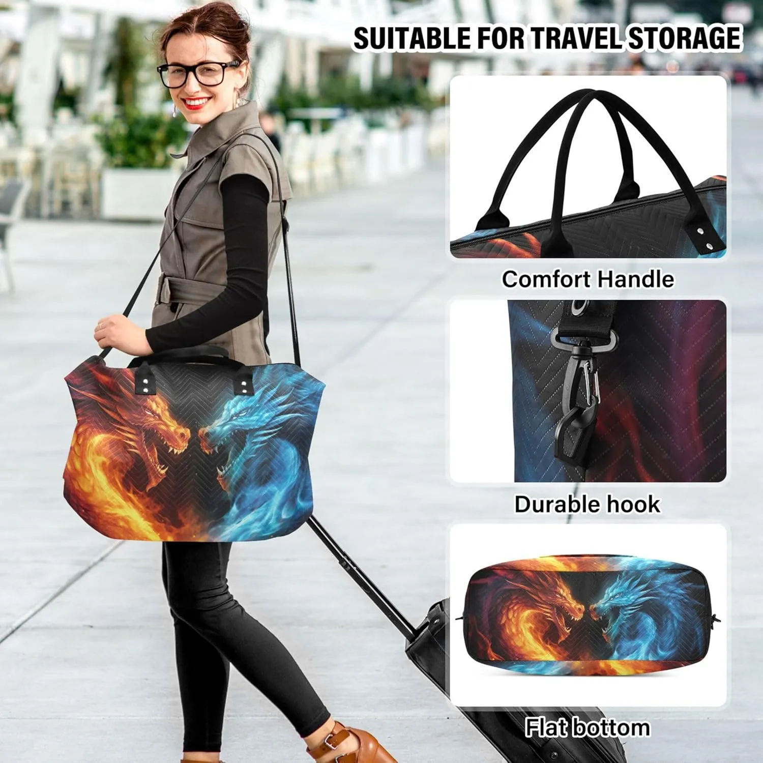 Dragons Fighting Fire Flames Duffle Bag Women Travel Toiletry Bag Set of 2, Design Women Small Gym Bag Weekender Bags