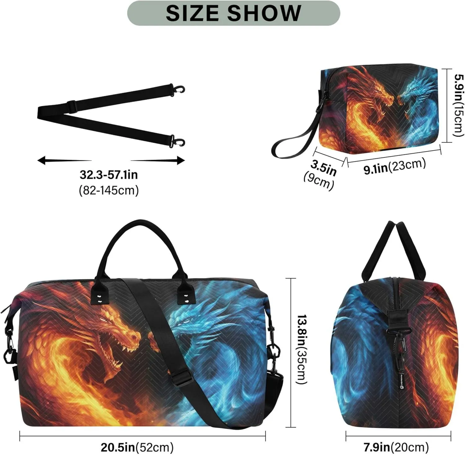 Dragons Fighting Fire Flames Duffle Bag Women Travel Toiletry Bag Set of 2, Design Women Small Gym Bag Weekender Bags