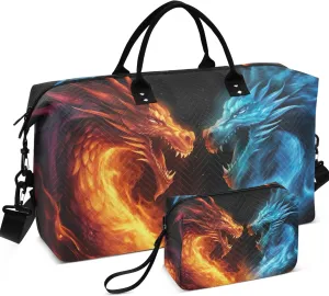 Dragons Fighting Fire Flames Duffle Bag Women Travel Toiletry Bag Set of 2, Design Women Small Gym Bag Weekender Bags