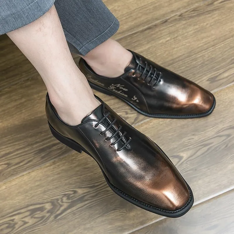 Dress Shoes for Men Lace Up Retro Square Burnished Toe Pattern Embossed Vegan Leather Non Slip Resistant Anti-Slip Rubber Sole Low Top Business(Copper,8)