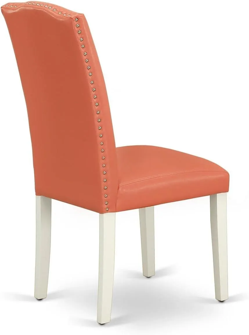 East West Furniture ENP2T78 Encinal Parsons Dining Chairs - Nailhead Trim Pink Flamingo Faux Leather Upholstered Chairs, Set of 2, Linen White