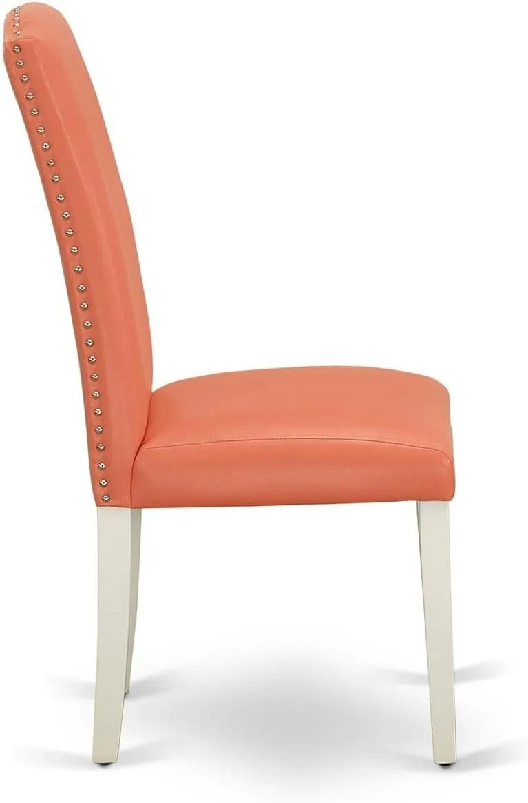 East West Furniture ENP2T78 Encinal Parsons Dining Chairs - Nailhead Trim Pink Flamingo Faux Leather Upholstered Chairs, Set of 2, Linen White