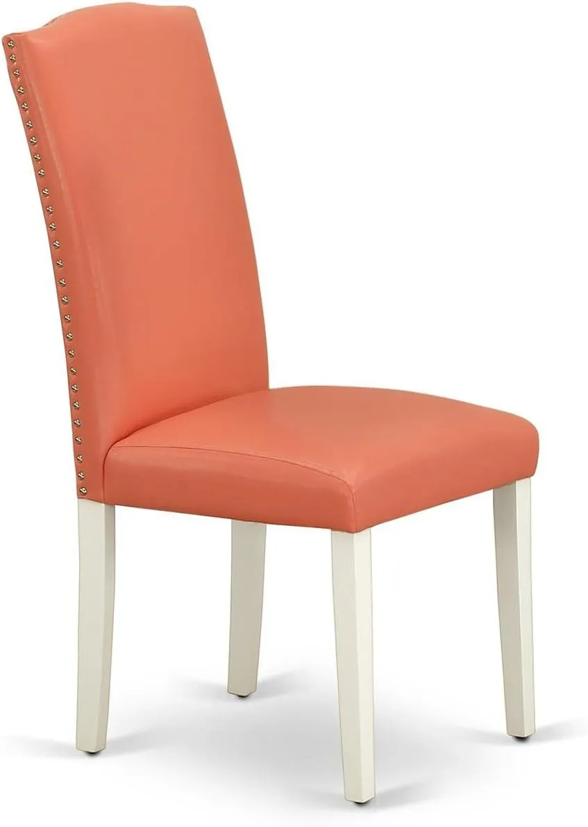 East West Furniture ENP2T78 Encinal Parsons Dining Chairs - Nailhead Trim Pink Flamingo Faux Leather Upholstered Chairs, Set of 2, Linen White