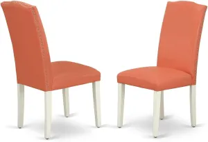 East West Furniture ENP2T78 Encinal Parsons Dining Chairs - Nailhead Trim Pink Flamingo Faux Leather Upholstered Chairs, Set of 2, Linen White