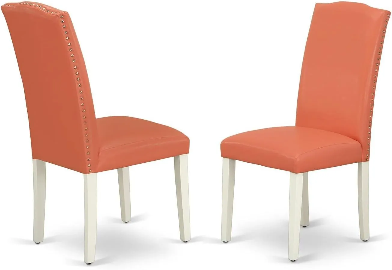East West Furniture ENP2T78 Encinal Parsons Dining Chairs - Nailhead Trim Pink Flamingo Faux Leather Upholstered Chairs, Set of 2, Linen White