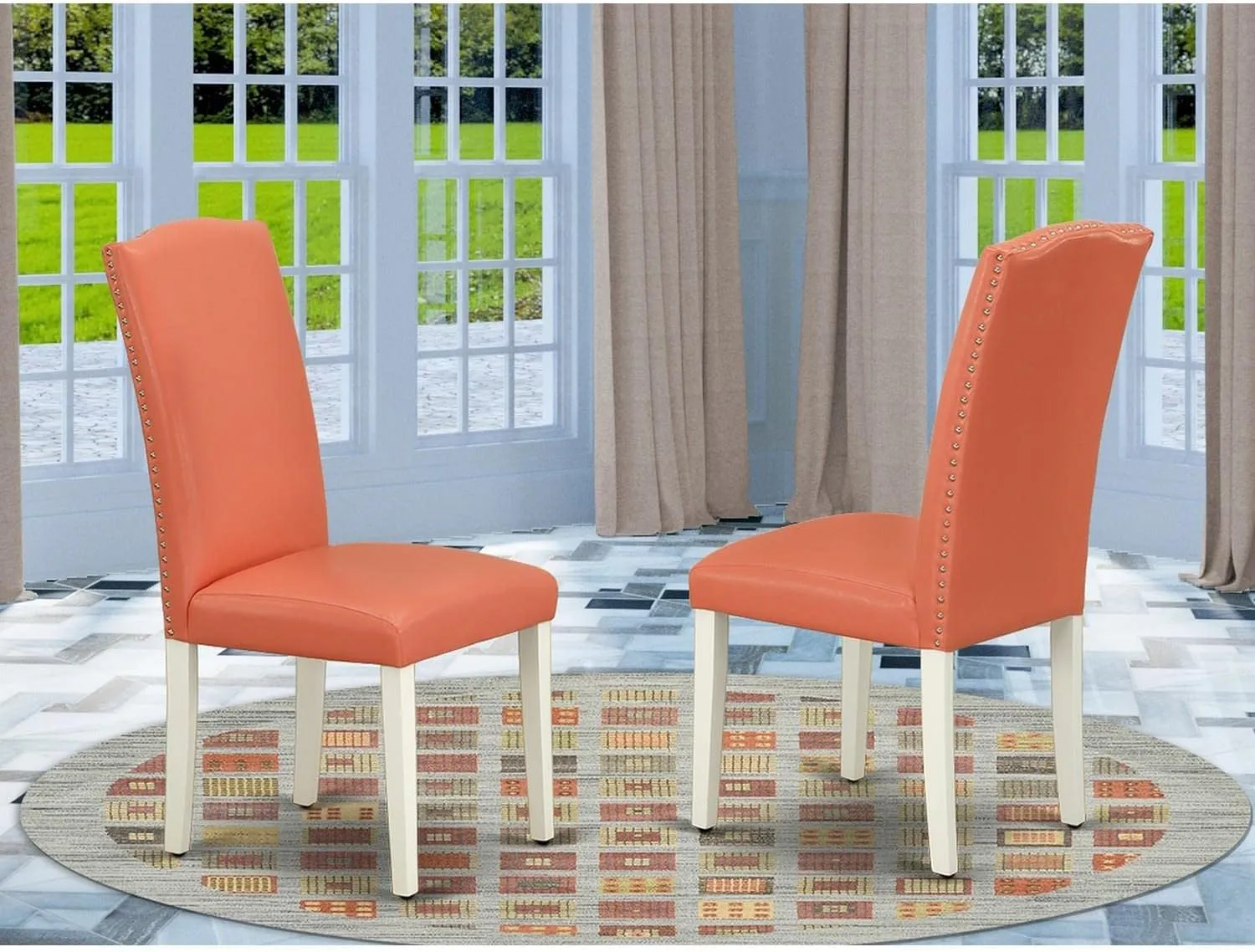 East West Furniture ENP2T78 Encinal Parsons Dining Chairs - Nailhead Trim Pink Flamingo Faux Leather Upholstered Chairs, Set of 2, Linen White