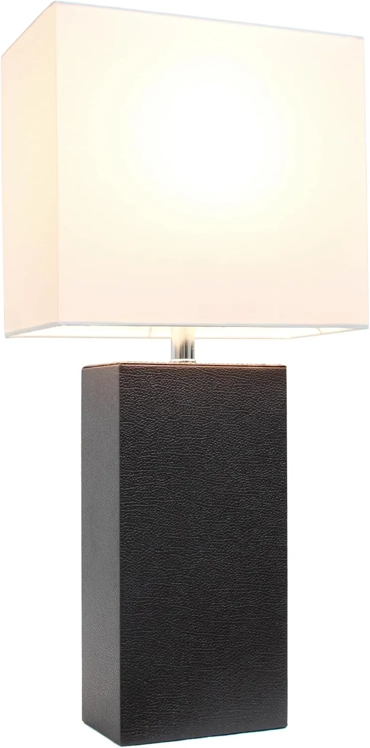 Elegant Designs LT1151-BWN 21" Contemporary Faux Leather Encased Table Lamp for Living Room, Bedroom, Study, Office, Entryway, Reading Nook, Brown