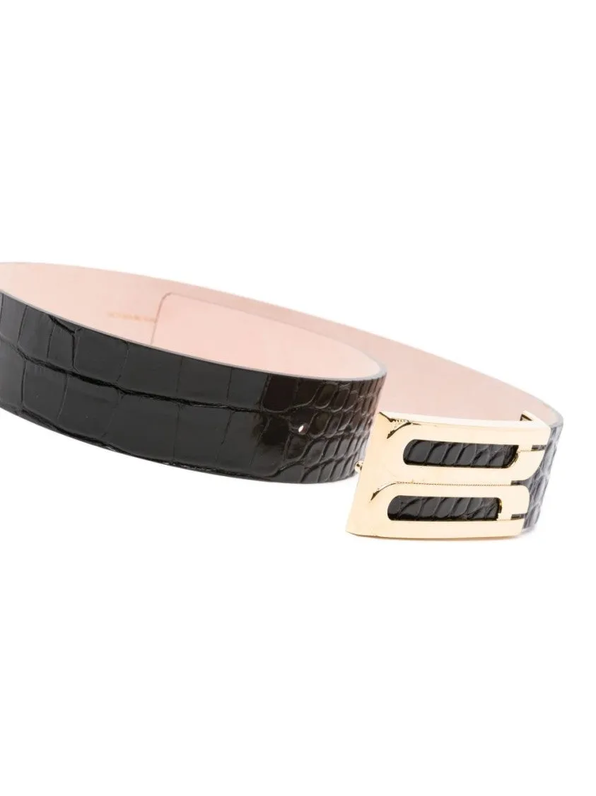 Embossed Crocodile Effect Black Calf Leather Belt