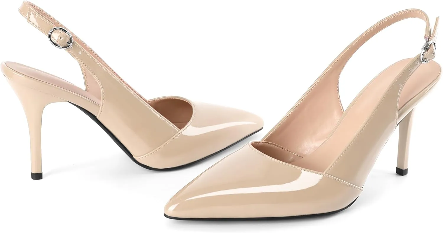 Esvowido Womens Slingback Heels 3.5 Inch Pointed Toe Pumps Adjustable Strap Slip-on High Heels Wedding Party Dress Shoes