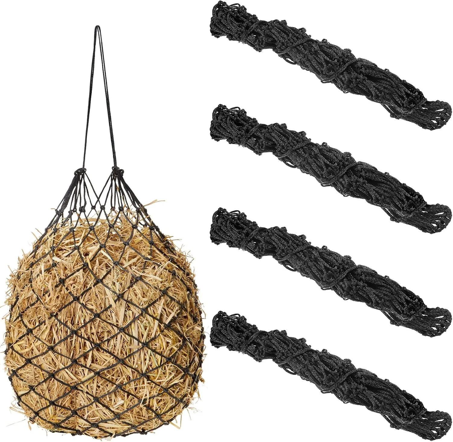 Fabbay 4 Pcs Slow Feed Hay Net Feeder Hay Bag for Horses Slow Feeder 40 Inch Length with 2 Inch Holes Hanging Horse Feed Net for Goat Cattle Equine Stalls Barn Supplies(Black)