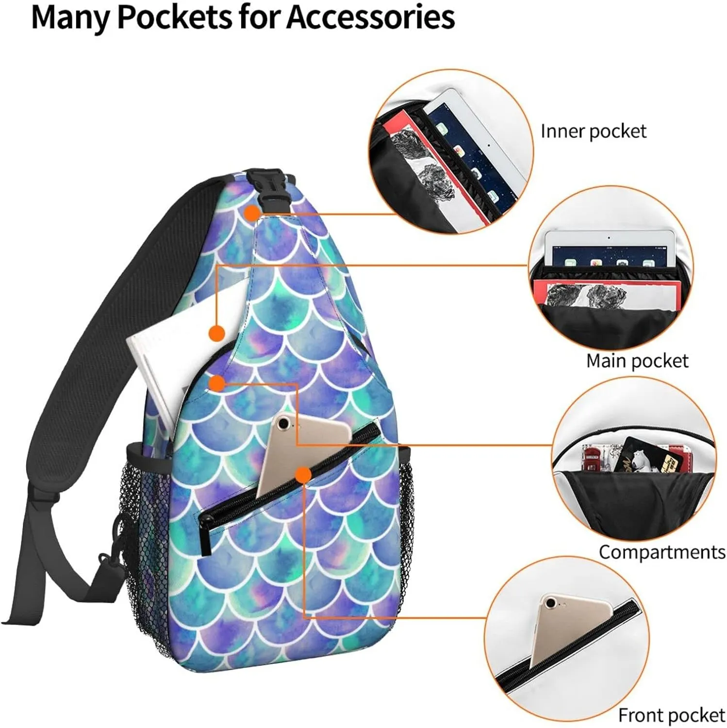 Famame Tie Dye Mermaid Scale Sling Backpack Chest Bag Crossbody Shoulder Bag Gym Cycling Travel Hiking Daypack For Men Women