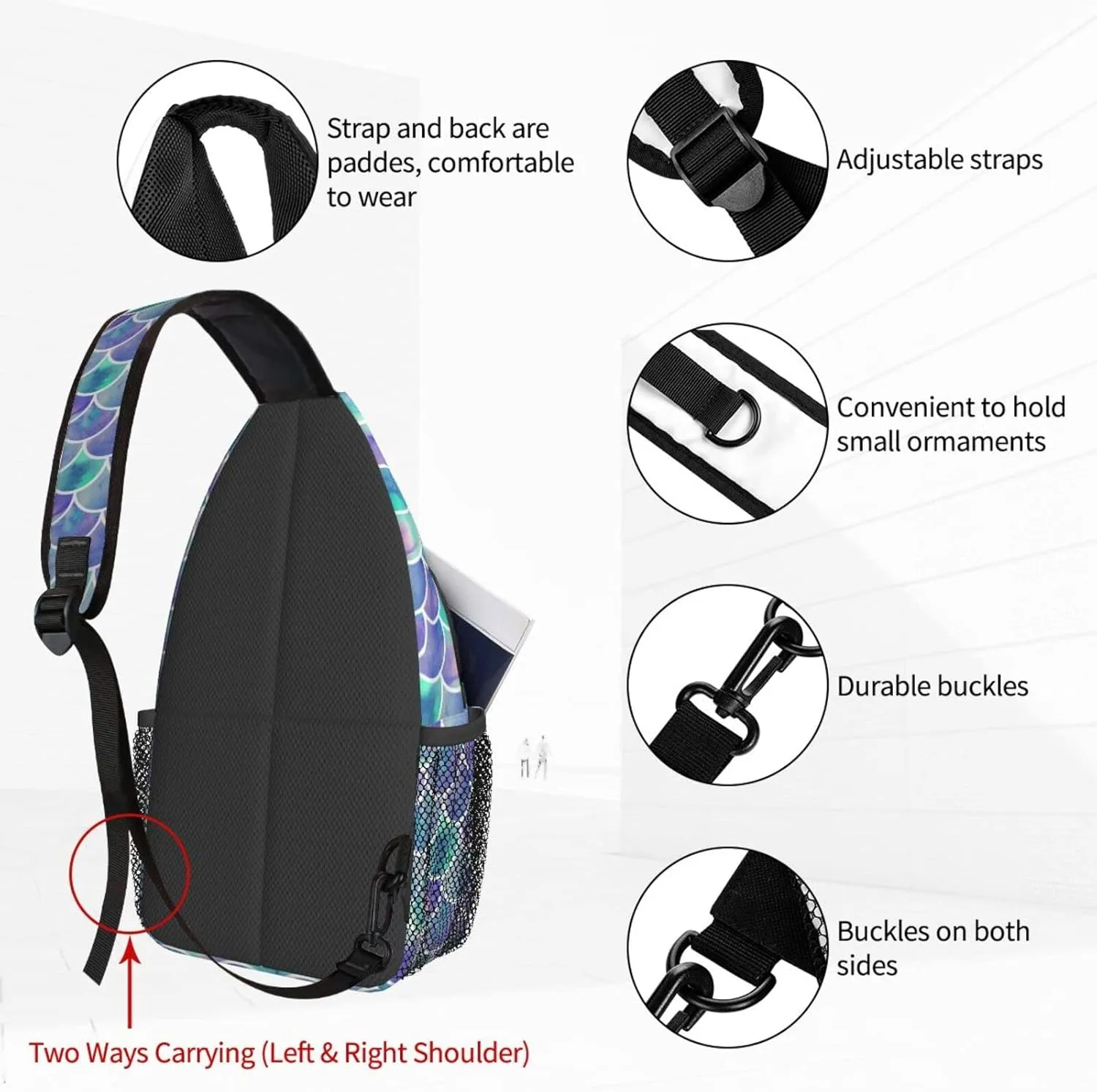 Famame Tie Dye Mermaid Scale Sling Backpack Chest Bag Crossbody Shoulder Bag Gym Cycling Travel Hiking Daypack For Men Women