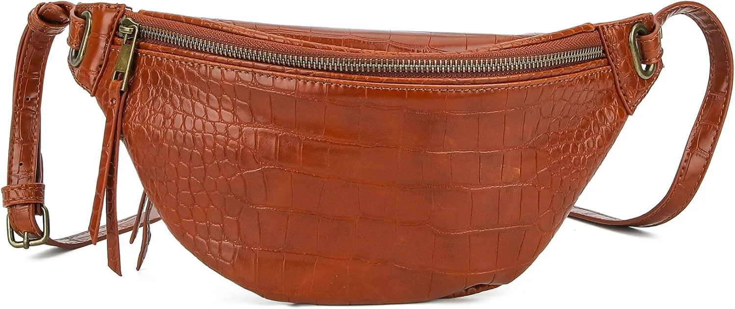 Fashion Waist Pack for Women Men Embossed Croc Leather Fanny Pack Crossbody Bags Waist Belt Bag for Travel Hiking Cycling Brown