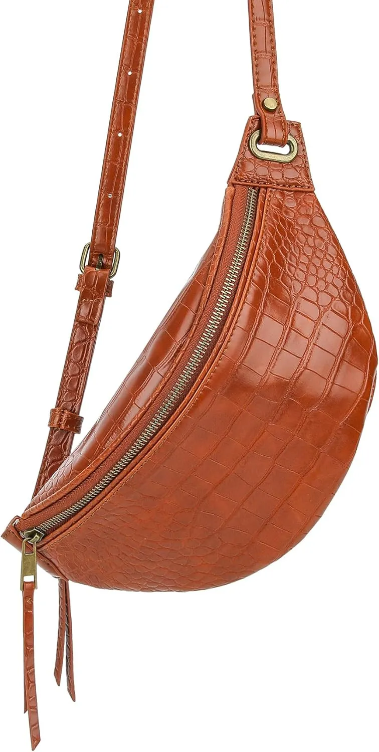 Fashion Waist Pack for Women Men Embossed Croc Leather Fanny Pack Crossbody Bags Waist Belt Bag for Travel Hiking Cycling Brown
