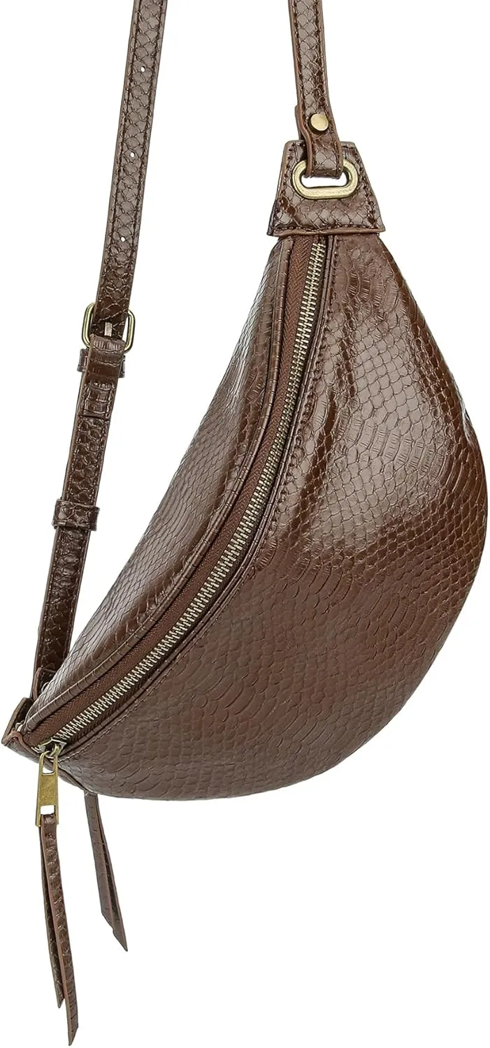 Fashion Waist Pack for Women Men Embossed Snakeskin Leather Fanny Pack Crossbody Bags Waist Belt Bag for Travel Hiking Cycling Dark Brown