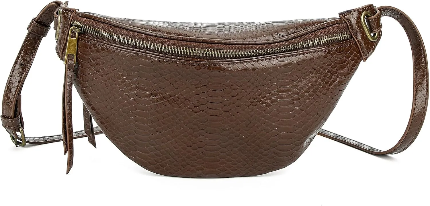 Fashion Waist Pack for Women Men Embossed Snakeskin Leather Fanny Pack Crossbody Bags Waist Belt Bag for Travel Hiking Cycling Dark Brown