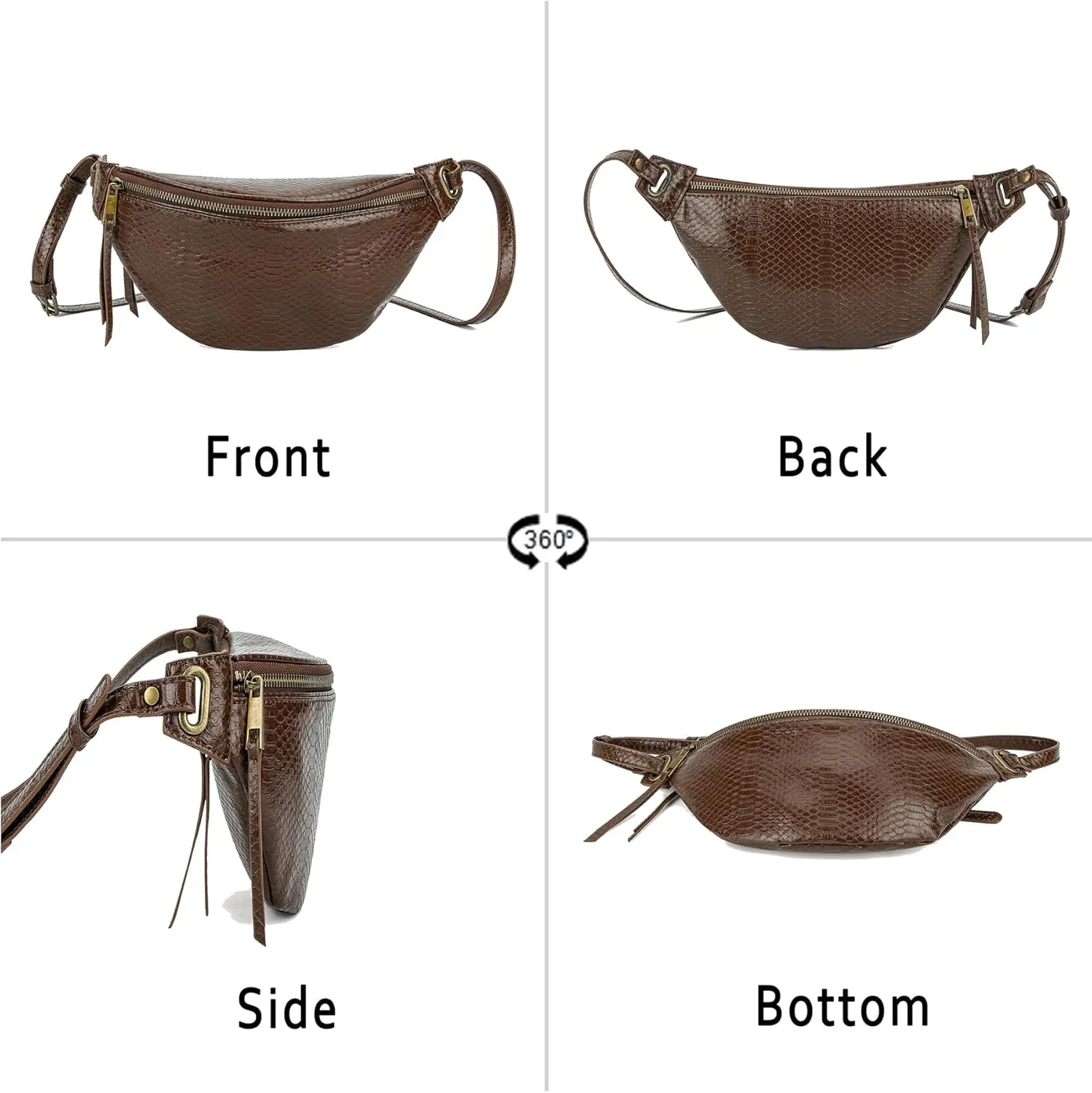 Fashion Waist Pack for Women Men Embossed Snakeskin Leather Fanny Pack Crossbody Bags Waist Belt Bag for Travel Hiking Cycling Dark Brown