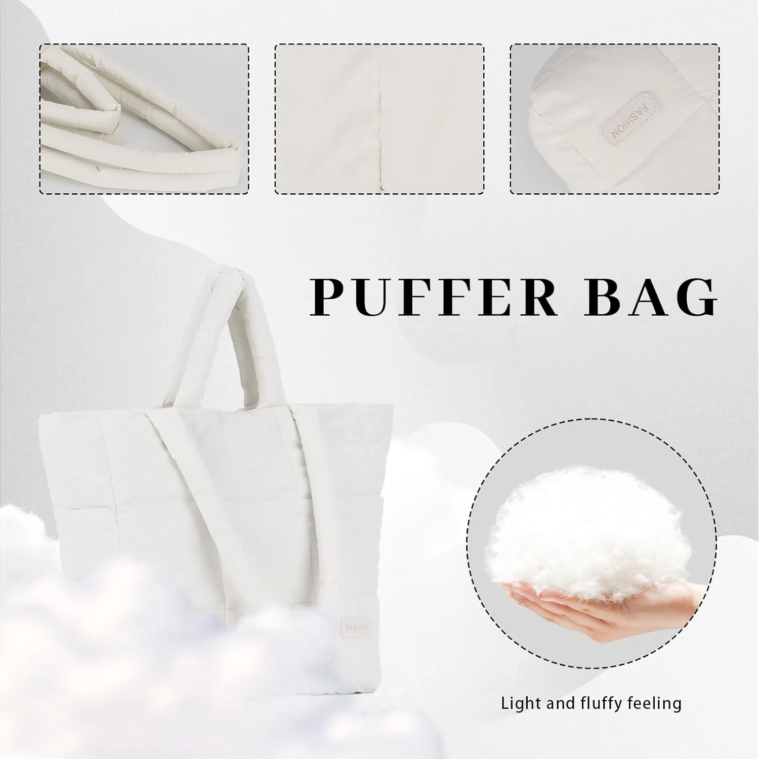 Fecialy Quilted Tote for Women - Large Puffer Shoulder Bag, Puffy Nylon Satchel Travel Handbag