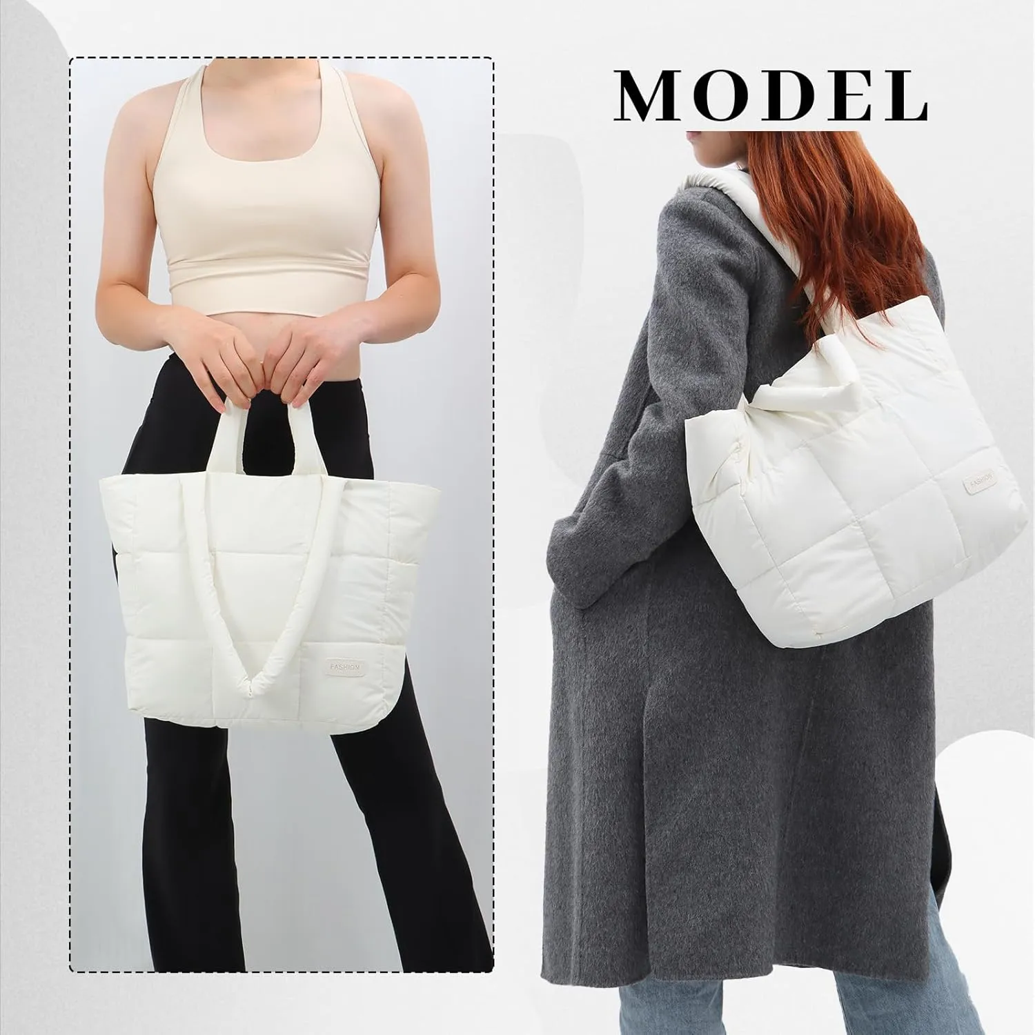 Fecialy Quilted Tote for Women - Large Puffer Shoulder Bag, Puffy Nylon Satchel Travel Handbag