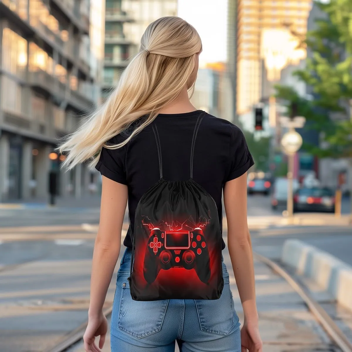 Feelyou Gaming Sports Drawstring Sackpack Gamer Drawstring Backpack for Game Black Red Drawstring Bags 13"x15.7" Gamepad Waterproof Cinch Bag