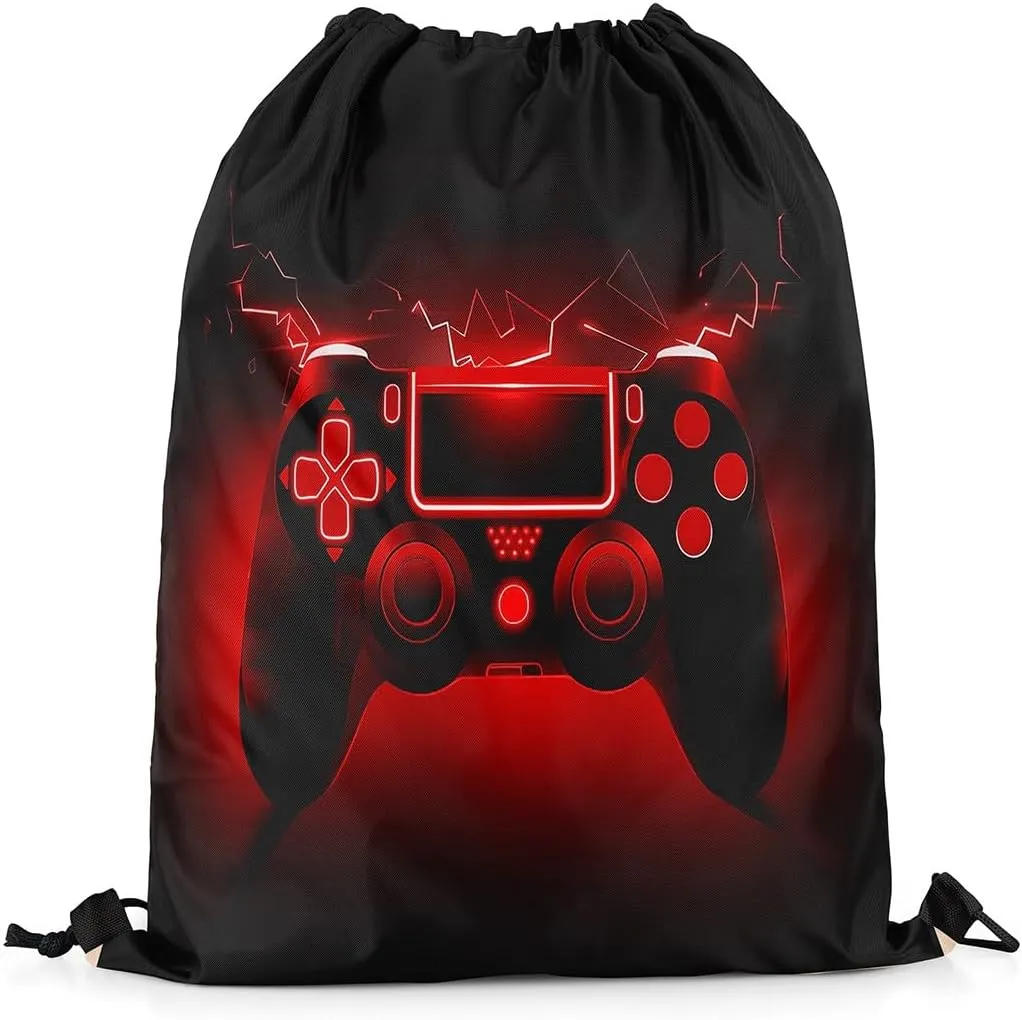 Feelyou Gaming Sports Drawstring Sackpack Gamer Drawstring Backpack for Game Black Red Drawstring Bags 13"x15.7" Gamepad Waterproof Cinch Bag