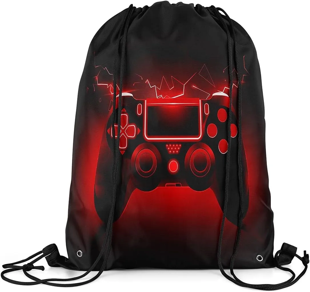 Feelyou Gaming Sports Drawstring Sackpack Gamer Drawstring Backpack for Game Black Red Drawstring Bags 13"x15.7" Gamepad Waterproof Cinch Bag
