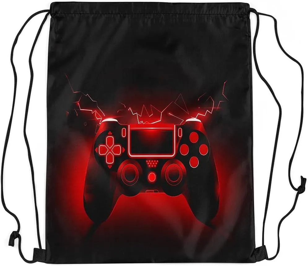 Feelyou Gaming Sports Drawstring Sackpack Gamer Drawstring Backpack for Game Black Red Drawstring Bags 13"x15.7" Gamepad Waterproof Cinch Bag