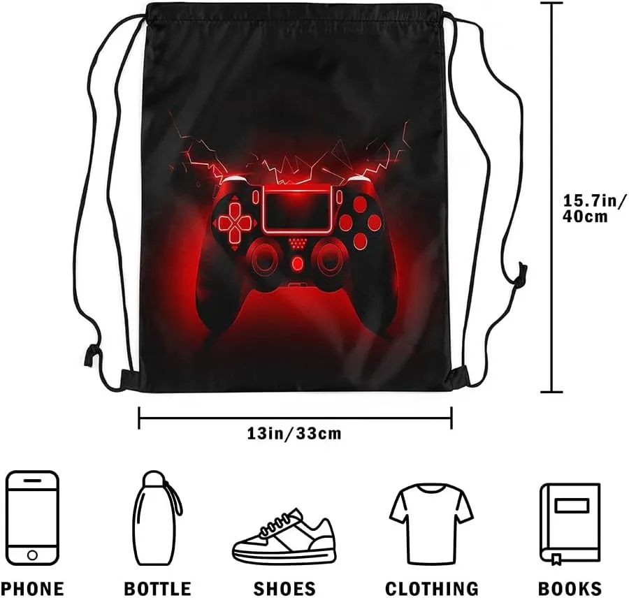 Feelyou Gaming Sports Drawstring Sackpack Gamer Drawstring Backpack for Game Black Red Drawstring Bags 13"x15.7" Gamepad Waterproof Cinch Bag