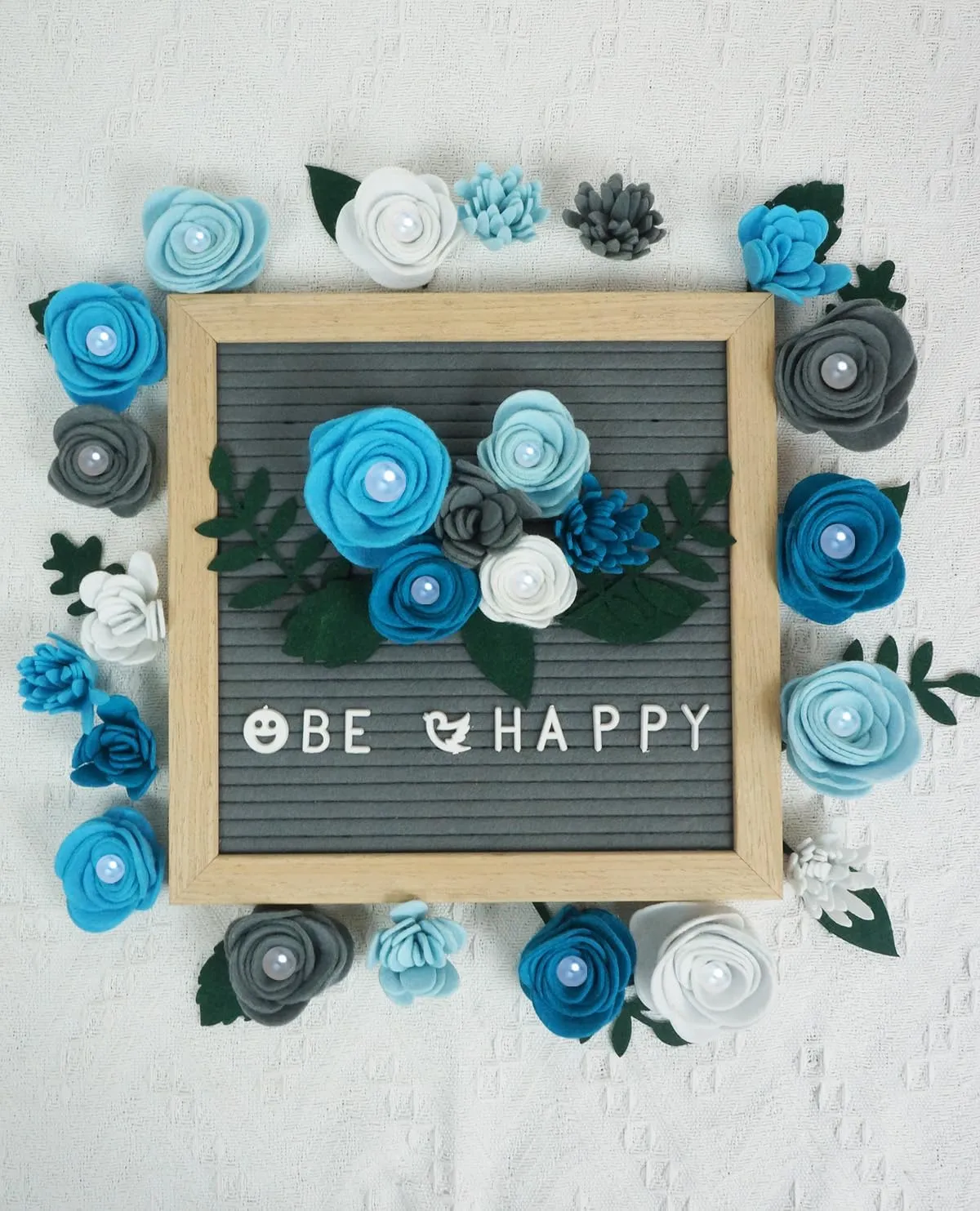 Felt Pearl Rose and Succulents, Letter Board Accessories, DIY Wreaths, Vertical Garden, Baby Shower, Create Headbands,25 Flowers and 17 Leaves (Blue White)