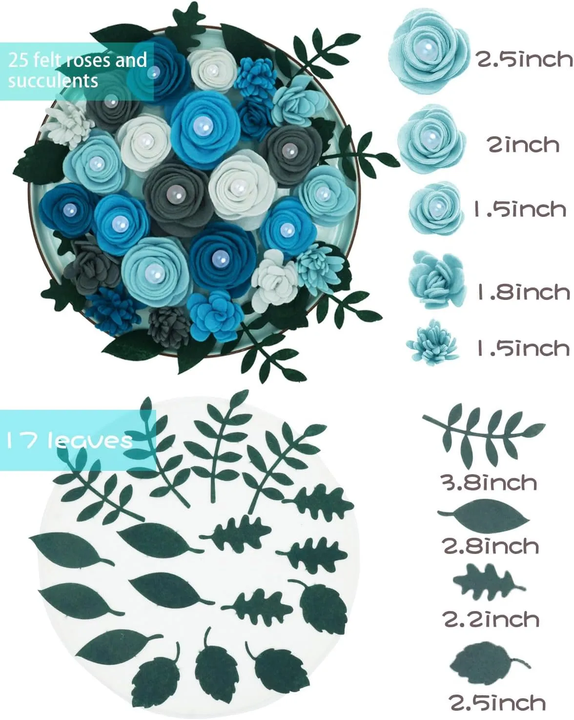 Felt Pearl Rose and Succulents, Letter Board Accessories, DIY Wreaths, Vertical Garden, Baby Shower, Create Headbands,25 Flowers and 17 Leaves (Blue White)