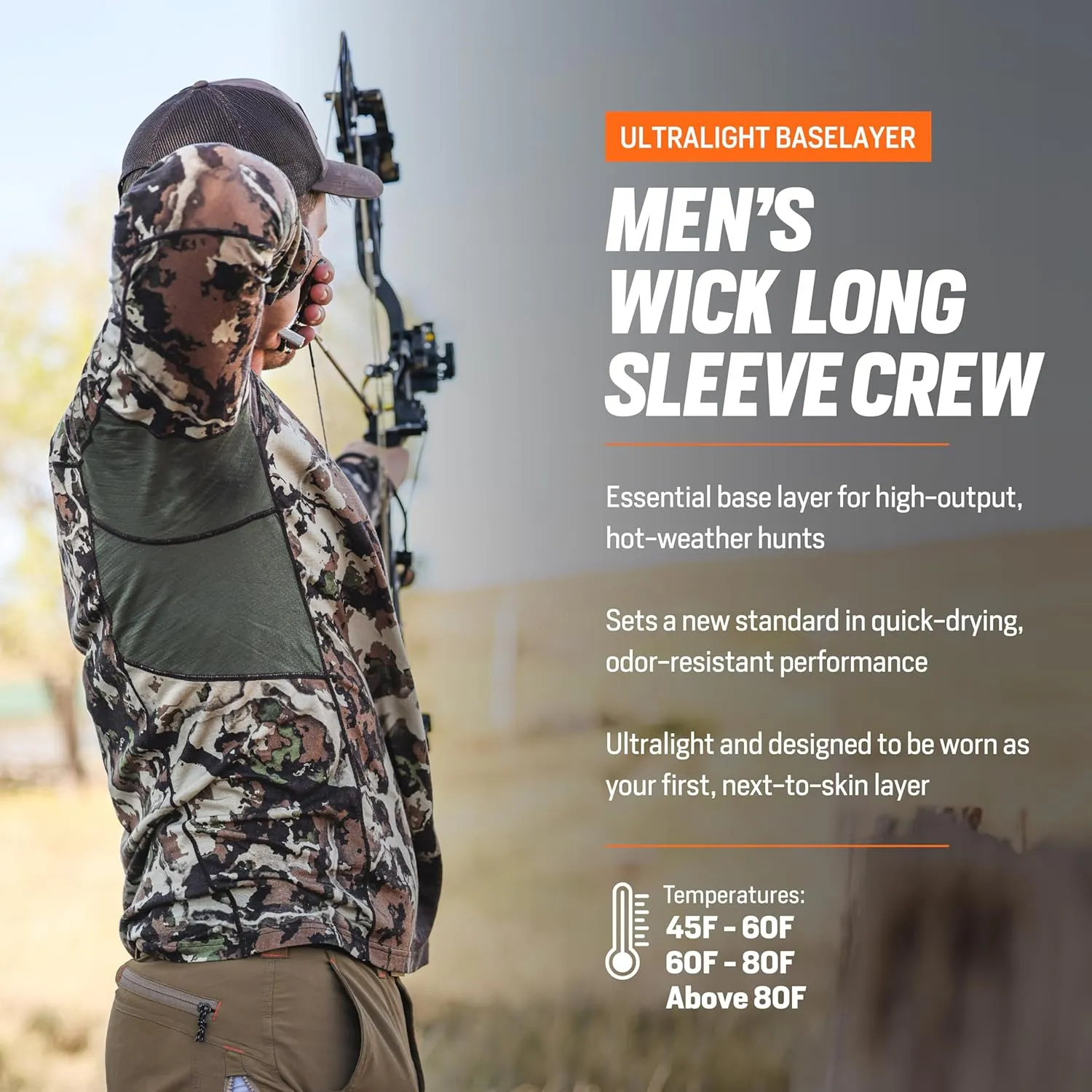 First Lite Men's Wick Long Sleeve Crew - Merino Wool Camo Hunting Base Layer, UV Protection Moisture Management Shirt