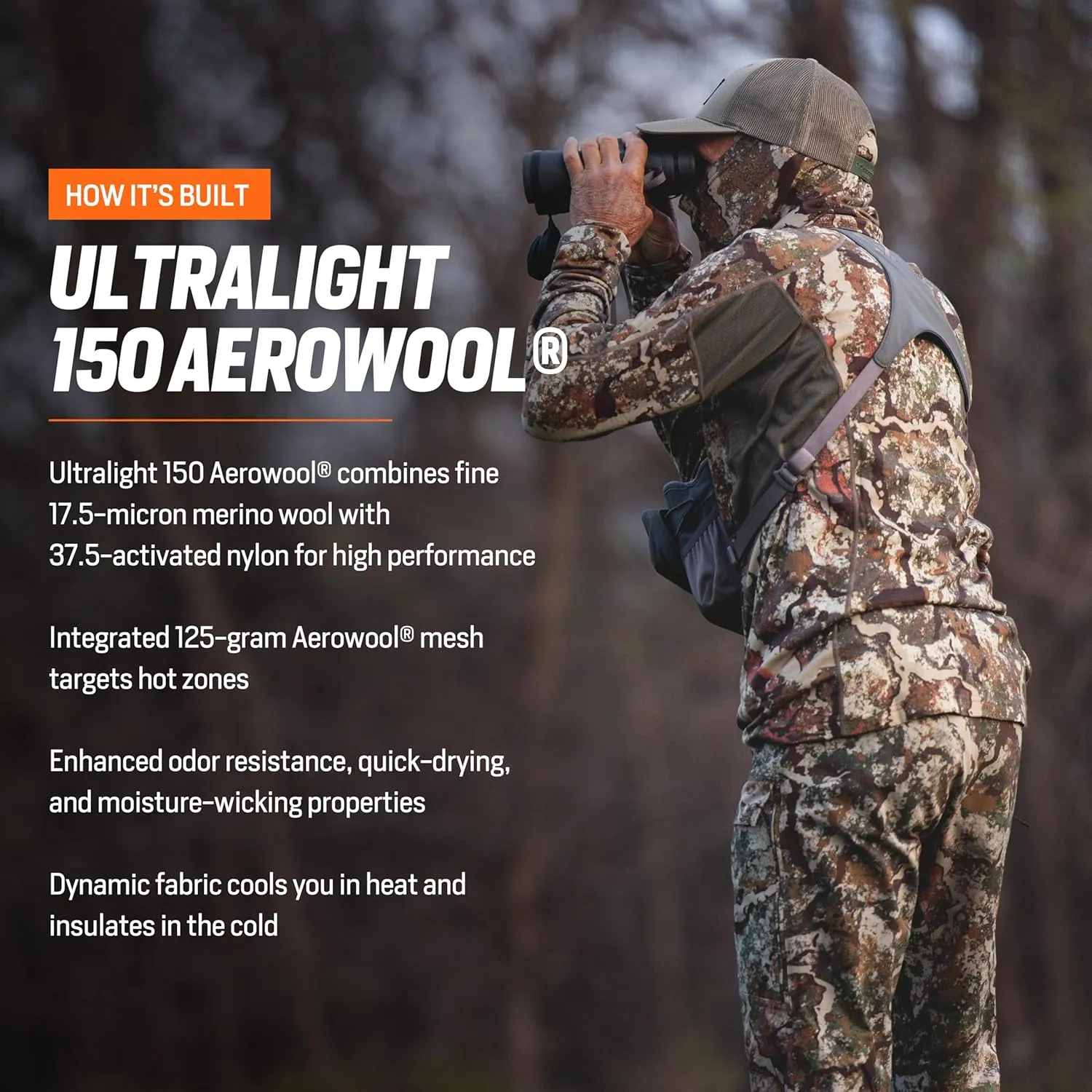 First Lite Men's Wick Long Sleeve Crew - Merino Wool Camo Hunting Base Layer, UV Protection Moisture Management Shirt