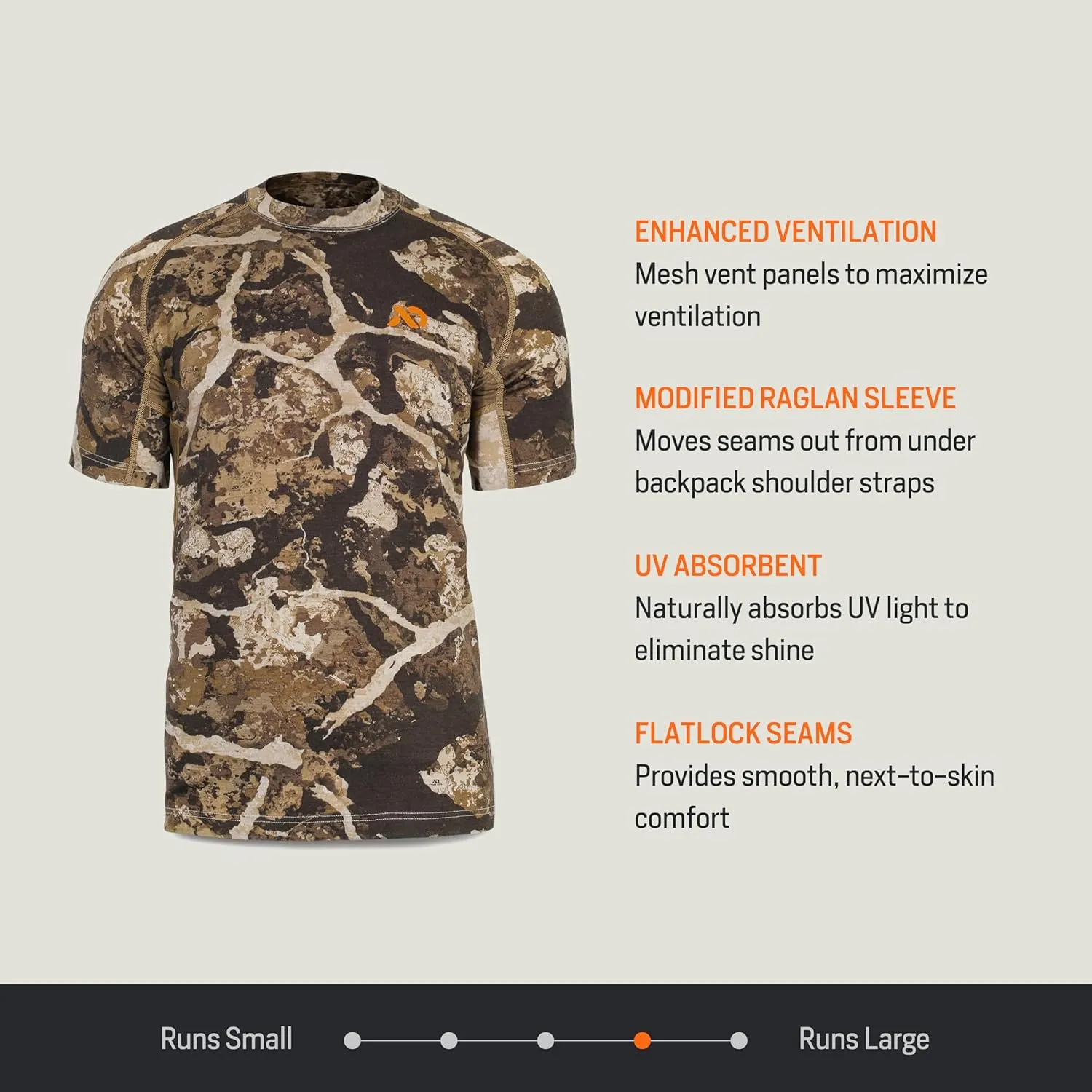 First Lite Men's Wick Short Sleeve Crew - Light Merino Wool Camo Hunting Shirt, UV Protection Moisture Management Base Layer