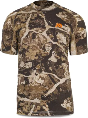First Lite Men's Wick Short Sleeve Crew - Light Merino Wool Camo Hunting Shirt, UV Protection Moisture Management Base Layer