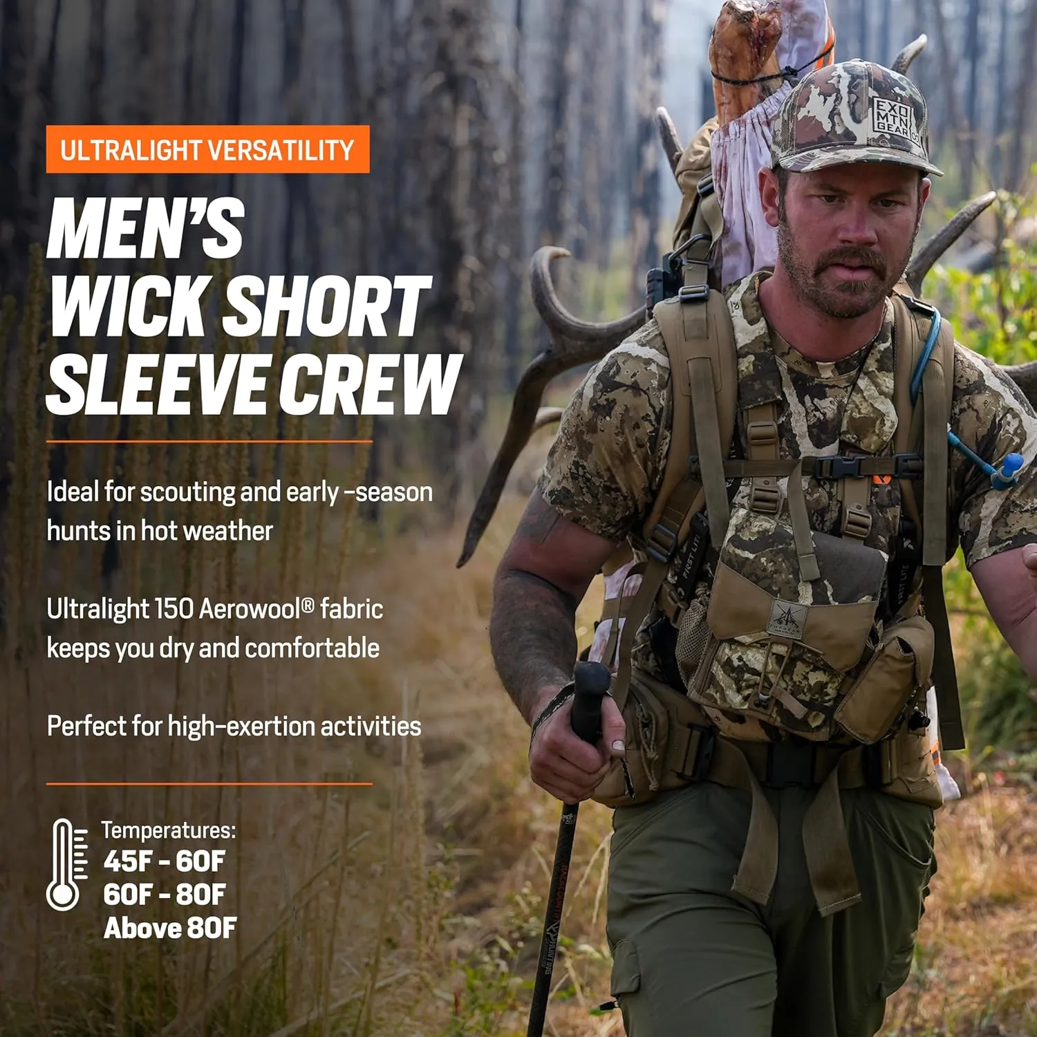 First Lite Men's Wick Short Sleeve Crew - Light Merino Wool Camo Hunting Shirt, UV Protection Moisture Management Base Layer