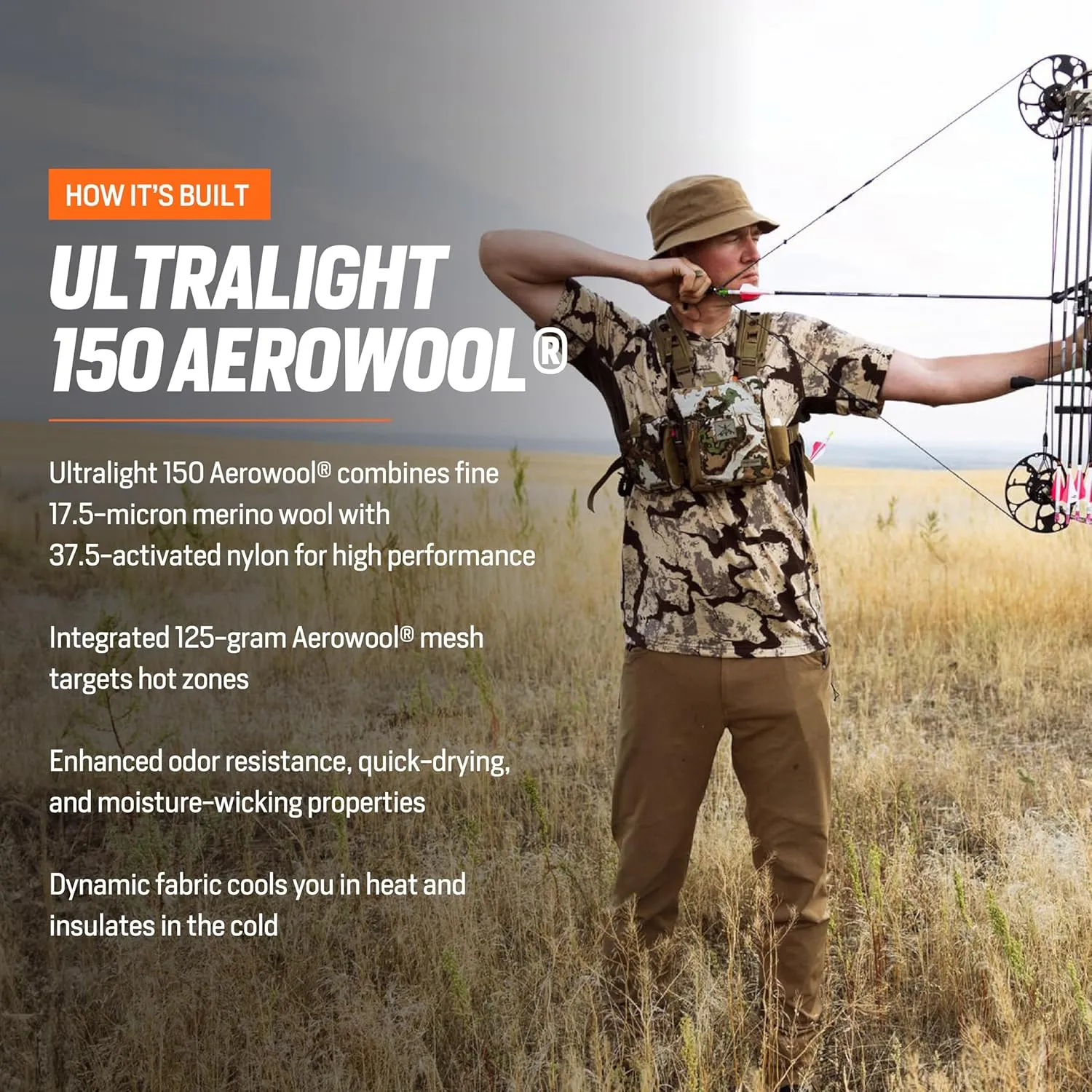First Lite Men's Wick Short Sleeve Crew - Light Merino Wool Camo Hunting Shirt, UV Protection Moisture Management Base Layer
