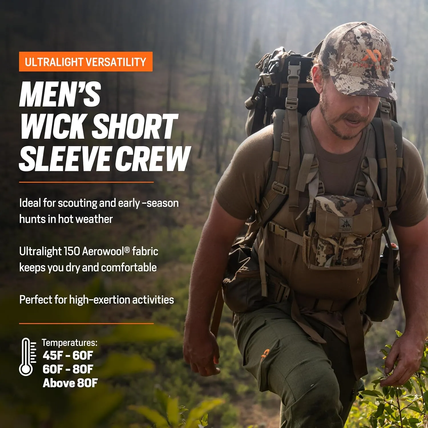First Lite Men's Wick Short Sleeve Crew - Light Merino Wool Camo Hunting Shirt, UV Protection Moisture Management Base Layer