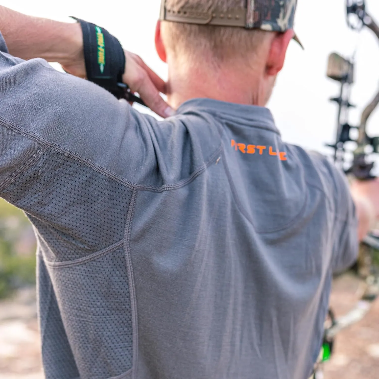 First Lite Men's Wick Short Sleeve Crew - Light Merino Wool Camo Hunting Shirt, UV Protection Moisture Management Base Layer