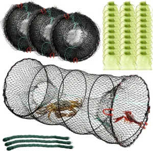 Fishing Bait Trap, 3pcs Collapsible Crab Trap for Minnow Crawfish Crawdad Lobster Shrimp, Folding Fishing Cast Net with 118FT Casting Rope, Bait Bag