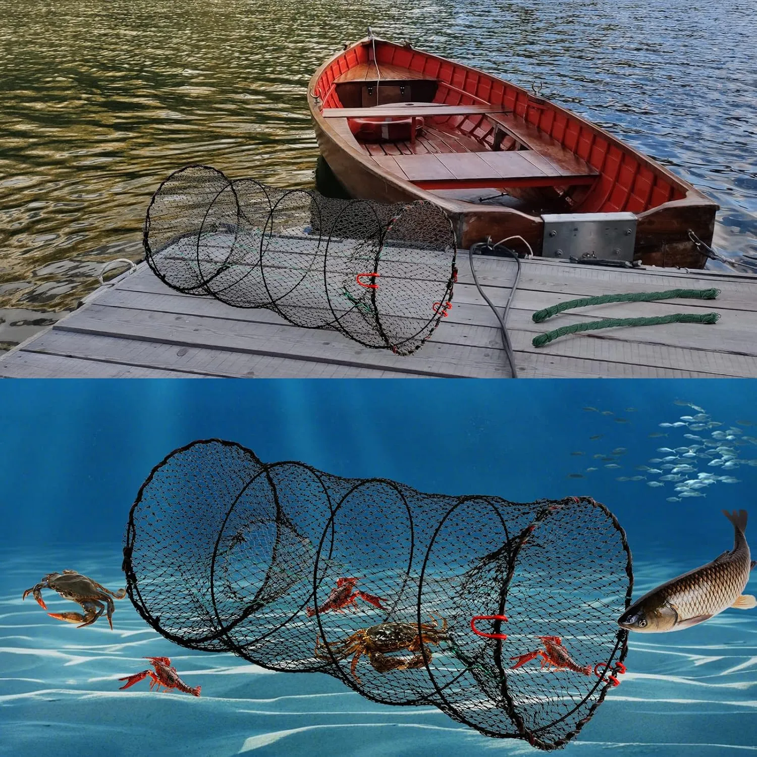 Fishing Bait Trap, 3pcs Collapsible Crab Trap for Minnow Crawfish Crawdad Lobster Shrimp, Folding Fishing Cast Net with 118FT Casting Rope, Bait Bag