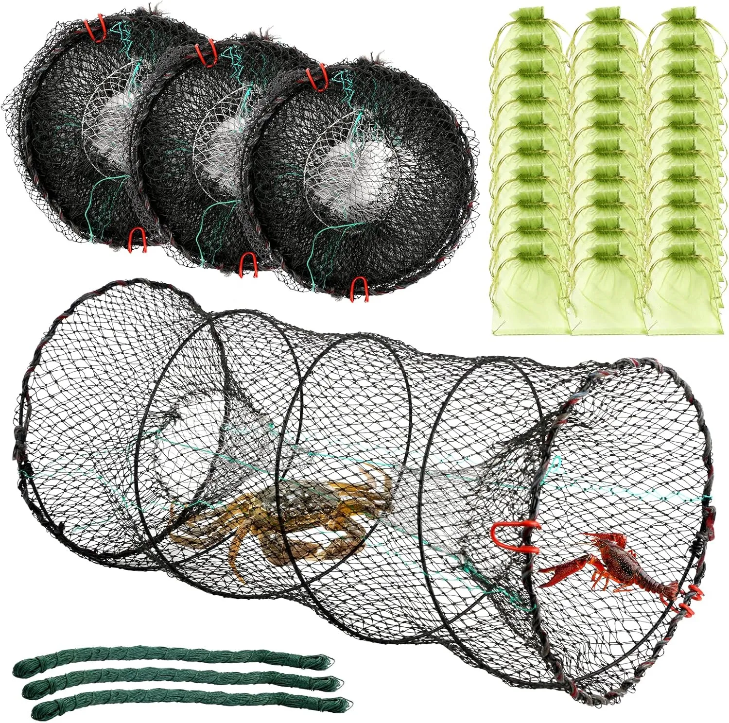 Fishing Bait Trap, 3pcs Collapsible Crab Trap for Minnow Crawfish Crawdad Lobster Shrimp, Folding Fishing Cast Net with 118FT Casting Rope, Bait Bag