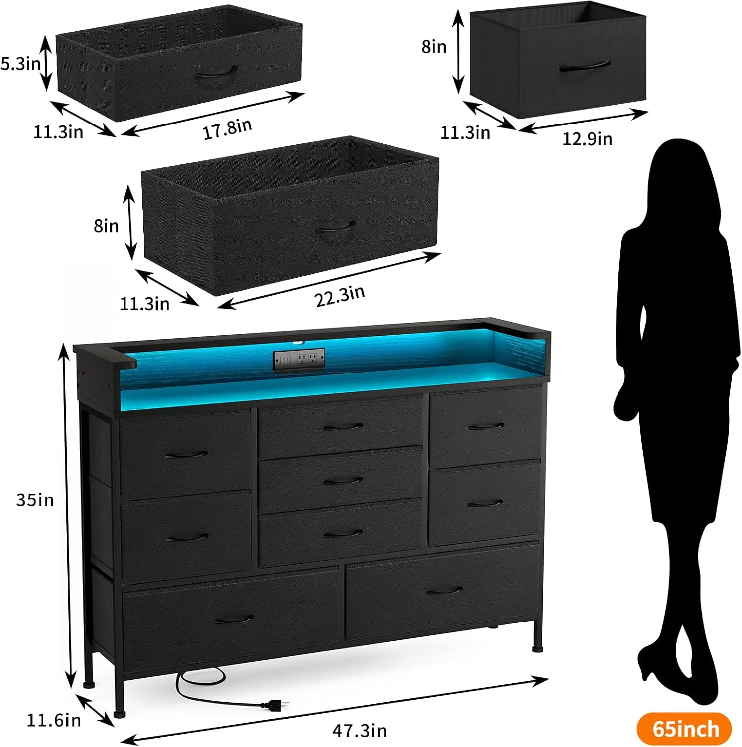 Fixwal Black LED Dresser, Dresser with 9 Drawers and Charging Station, Fabric Chest of Drawers with PU Finish for Kid Room, Entryway, Living Room, Hallway
