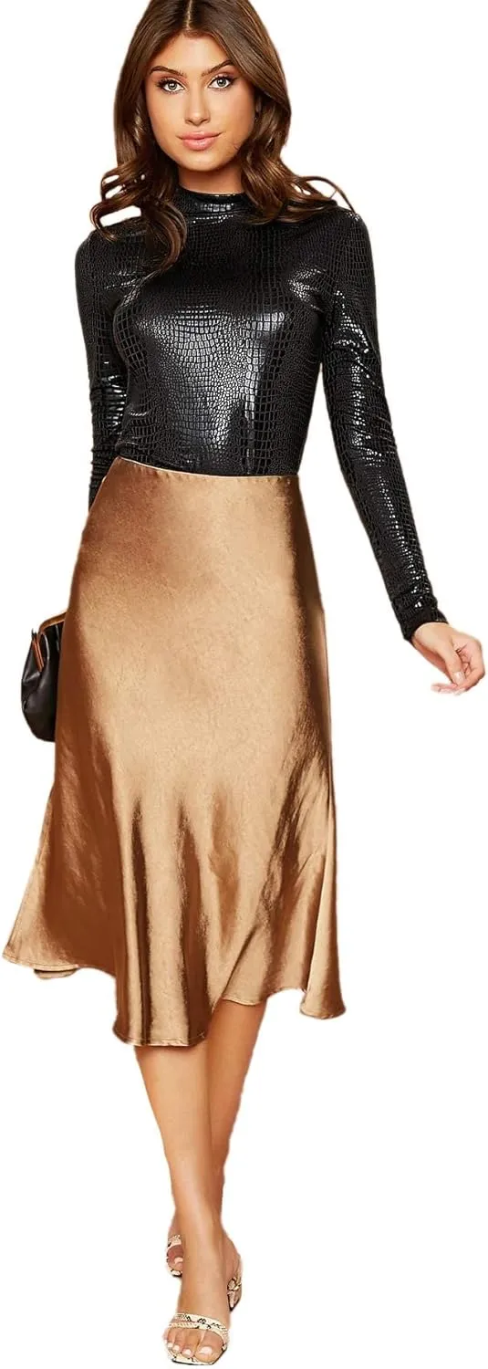 Floerns Women's Mock Neck Long Sleeve Crocodile Pattern T-Shirt Leather Tops