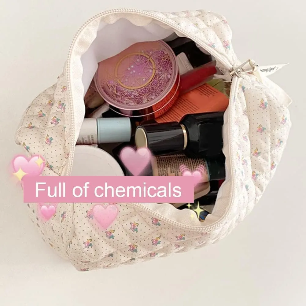 Floral Cotton Makeup Bag Large Travel Cosmetic Bag Quilted Cosmetic Pouch Coquette Aesthetic Floral Toiletry Bag for Ladies Girl Multifunction Storage Bag