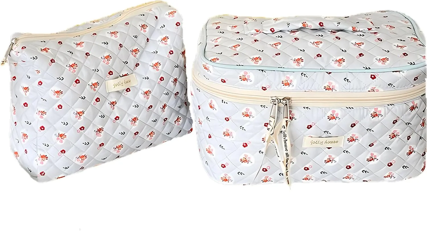 Floral Cotton Makeup Bag Large Travel Cosmetic Bag Quilted Cosmetic Pouch Coquette Aesthetic Floral Toiletry Bag for Ladies Girl Multifunction Storage Bag