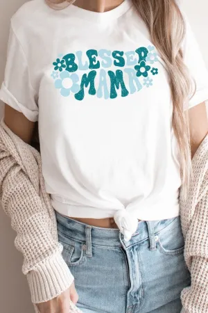 Floral Heart Groovy Blessed Mama Graphic Tee T-Shirt